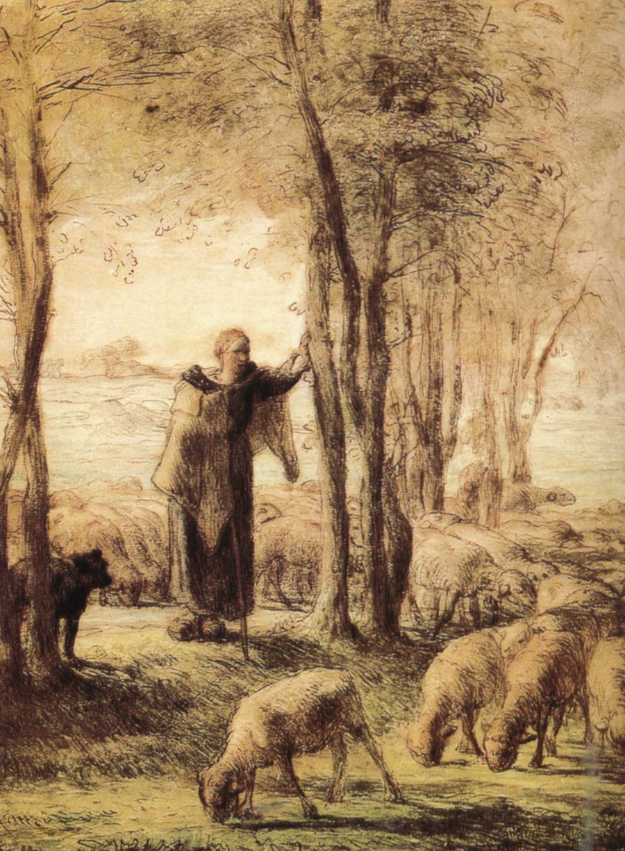 Shepherdess with dog and sheep